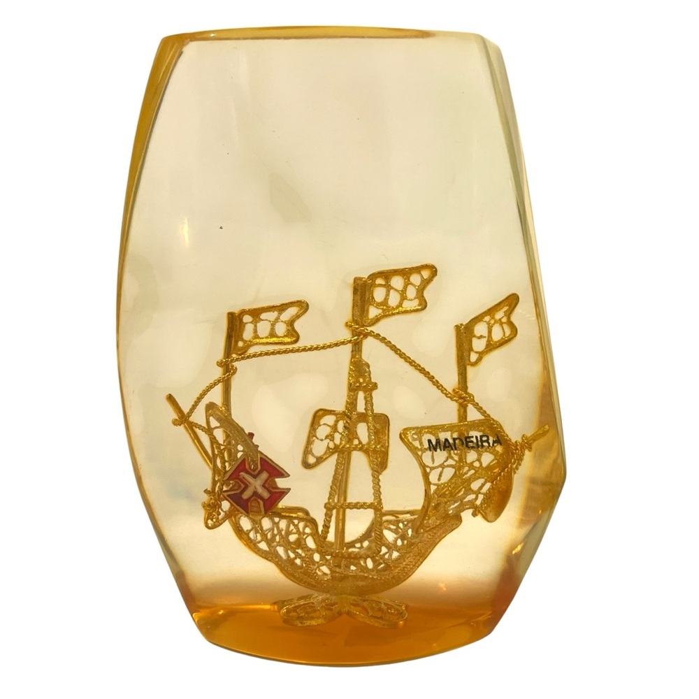 Vintage 1960s Filigree Copper Art Sailboat Lucite Paperweight Madeira Portugal